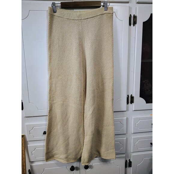 Free People Beach Hailee Sweater Pants Sm Khaki Tan Waffle Knit Cropped Wide Leg - Picture 1 of 7